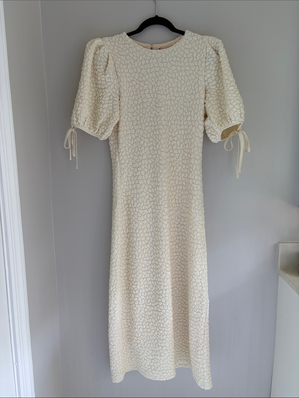 English Factory Cream Textured Puff-Sleeve Midi Dress